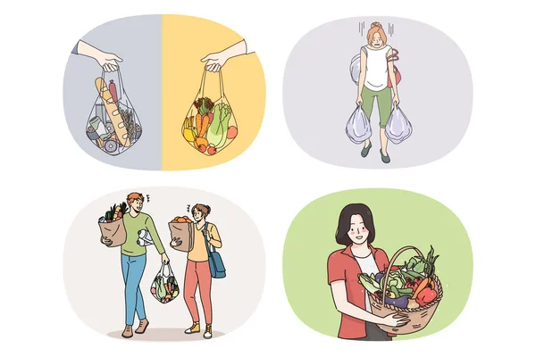 Sammlung unterschiedlicher Menschen, die Lebensmittel einkaufen — Stockvektor