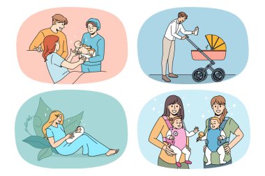 Bebekleri olan bir grup mutlu ebeveyn ebeveynlik için heyecanlı. Gülümseyen anne ve baba ve yeni doğmuş küçük çocukların koleksiyonu. Aile büyümesi, ebeveynlik. Vektör illüstrasyonu. 