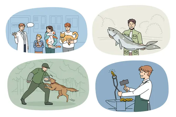 Set of diverse people occupations and professions. Collection of man working at various jobs and works. Employment and career. Vet doctor, fisherman, dog trainer, blacksmith. Vector illustration.