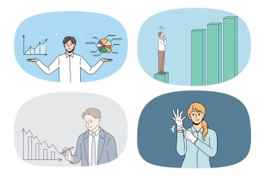 Bankacılık alanında çalışan bir grup işadamı şeması ve grafikleri var. Kadın ve erkek analistlerin ya da bankacıların finansal şemalar üzerinde beyin fırtınası yapmaları. Finans konsepti. Vektör illüstrasyonu. 