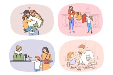 Sevgi dolu genç ebeveynlerin koleksiyonu hafta sonunu küçük çocuklarla geçirir. Gülümseyen anne ve babalar küçük çocuklarla günlerin tadını çıkarırlar. Aile birliği ve ebeveynlik. Vektör illüstrasyonu. 