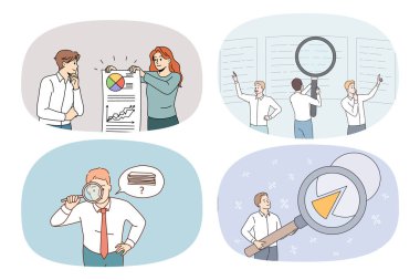 Bankacı koleksiyonu, finansal verileri büyüteçle analiz eder. Bir grup iş adamı veya banka çalışanı şema ve şemalarla çalışır. Analiz ve finans. Vektör illüstrasyonu. 