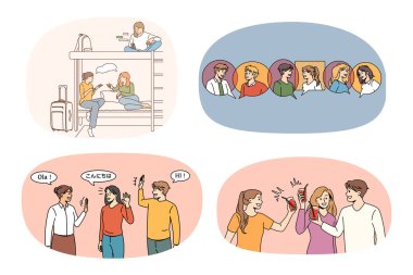 Bir grup mutlu genç öğrenci iletişim kuruyor. Birlikte rahatlayın. Gülümseyen arkadaşlar koleksiyonu iletişimin keyfini çıkarın. Arkadaşlık ve çeşitlilik kavramı. Vektör illüstrasyonu. 