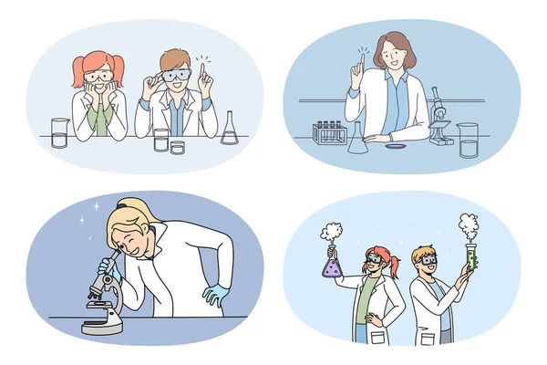 Set Orang Ilmuwan Bekerja Membuat Percobaan Dengan Tabung Uji Laboratorium - Stok Vektor