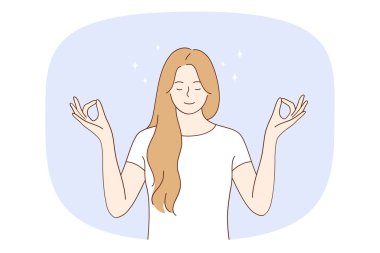 Meditasyon ve uyum kavramı. Gözleri kapalı genç bir kadın meditasyon yapıyor ve zihin ve vücut vektörü çizimi ile denge kuruyor. 