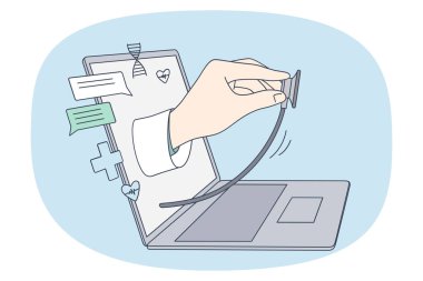 Online doktor ve teletıp konsepti. Hasta vektör illüstrasyonuyla çevrimiçi ziyaret sırasında dizüstü bilgisayardan steteskop testi yapan sanal doktorun eli 