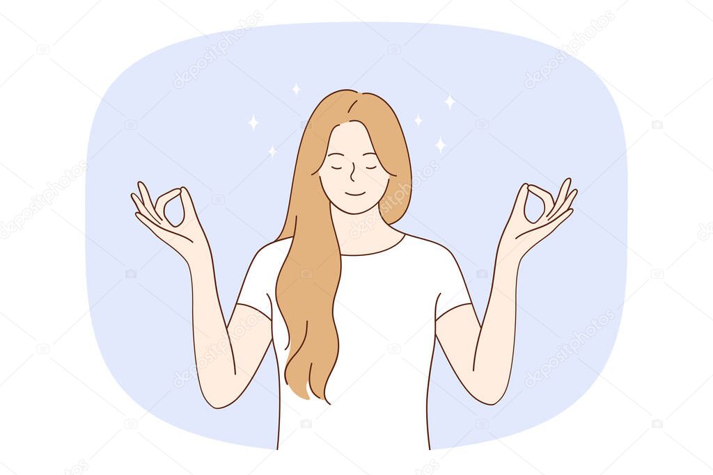 Meditation and getting harmony concept. Young relaxed woman with eyes closed standing meditating and getting balance with mind and body vector illustration 