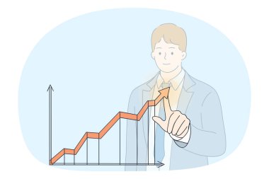 İş geliştirme ve başarı kavramı. Genç işadamı ayakta duruyor ve oklara dokunuyor. Yani iş vektörü çizimlerini geliştiriyor. 