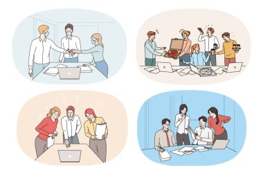 İş adamları ofis hayatı rutini, görüşmeler ve ara. İşçi ya da işçi derlemesi iş yerinde yapılan toplantıda beyin fırtınası işbirliği hakkında konuşur. Takım çalışması. Vektör illüstrasyonu. 