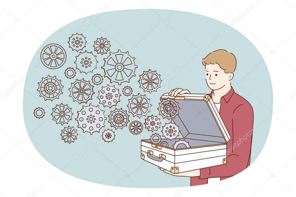 Creative ideas and strategy concept. Young smiling man standing and opening box with flying gears meaning creativity and business innovation vector illustration 