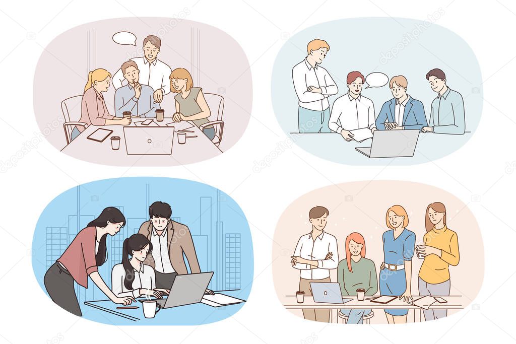 Set of businesspeople work together on computer discuss startup project. Collection of employees or colleagues brainstorm collaborate on laptop. Teamwork. Flat vector illustration. 