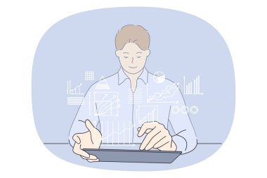 Genç işadamı tablet üzerinde çizelge ve diyagramlarla çalışıyor. Finansal verileri internette analiz ediyor. Grafiklerle meşgul çalışan bir adam ya da işçi, bankacılık araştırmalarını destekliyor. Vektör illüstrasyonu. 