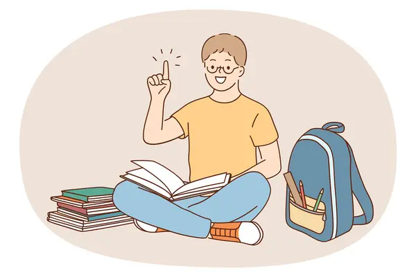 Niño Feliz Gafas Leer Libro Obtener Idea Brillante Sentirse Motivado — Vector de stock