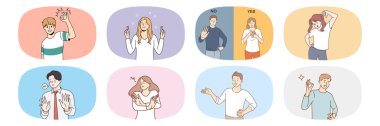 Collection of diverse people show yes and no hand gestures. Set of men and women demonstrate different emotions. Body language and nonverbal communication. Vector illustration.  clipart