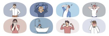 Depresyondaki gençlerden oluşan bir grup psikolojik problemden dolayı umutsuzluğa kapıldı. Bir grup mutsuz erkek ve kadın depresyon ya da sinir krizi geçiriyor. Vektör illüstrasyonu. 