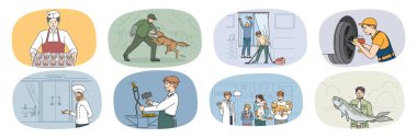 Çeşitli erkek meslekleri ve meslekleri. İş yerinde, iş yerinde çalışan erkek koleksiyonu. Köpek eğitmeni ve tamircisi. Pasta şefi ve garson. Veteriner doktor ve balıkçı. Vektör illüstrasyonu. 