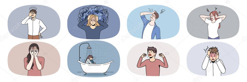 Collection of depressed young people feel despair suffer from mental psychological problem. Set of unhappy men and women suffer from depression or nervous breakdown. Vector illustration. 