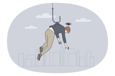 Mutsuz adam büyük bir kancaya tutunuyor. Ruhsal ya da psikolojik sorunları var. Stresli erkek depresyon ya da psikiyatri bozukluğu çekiyor. Sağlık ve yardım hizmetleri. Vektör illüstrasyonu. 