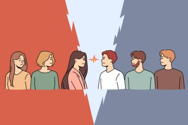 Kızgın erkekler ve kadınlar karşı karşıya duran gözlere bakarlar. Kararlı erkek ve kadın rakipler veya rakipler karşı çıkıyor. Cinsiyet çatışması ve muhalefet kavramı. Vektör illüstrasyonu. 