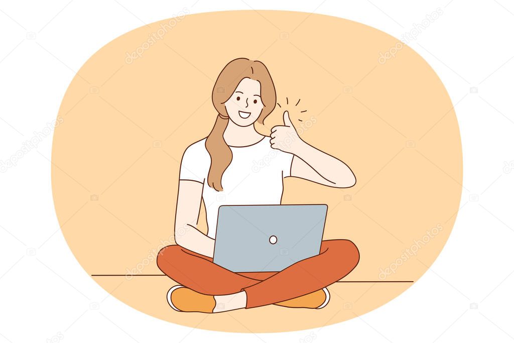 Thumbs up and Freelance concept. Smiling young woman sitting with laptop in hands working as freelancer having remote job showing thumbs up sign with fingers vector illustration 
