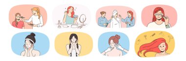 Günlük yüz bakımı rutin prosedürleri olan bir kadın. Bir grup kadın spa ve kozmetik tedavisinden zevk alıyor. Güzellik ve cilt bakımı. Güzellik uzmanı ve makyaj uzmanı. Vektör illüstrasyonu. 