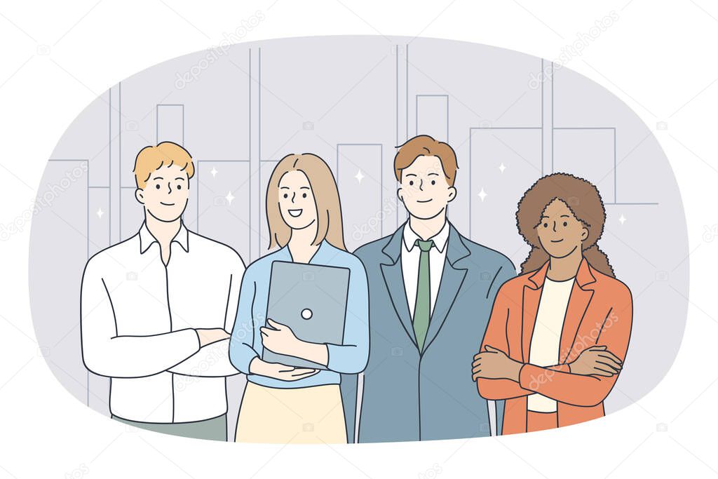 Business mixed race team concept. Group of diverse mixed race people business partners workers standing together with laptop and looking at camera vector illustration 