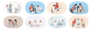 Bir grup başarılı ofis çalışanı ya da işçiler toplantıda birlikte çalışırlar. İş adamlarından oluşan bir grup beyin fırtınası toplantıda fikirleri tartışıyor. Takım çalışması. Vektör illüstrasyonu. 