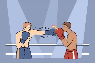 Eldivenli erkek boksörler kare ringde dövüşür. Güçlü sporcular ya da dövüşçüler Muay Thai boks yarışmasında yumruk yumruğa yarışırlar. Dövüş sporu konsepti. Düz vektör illüstrasyonu. 
