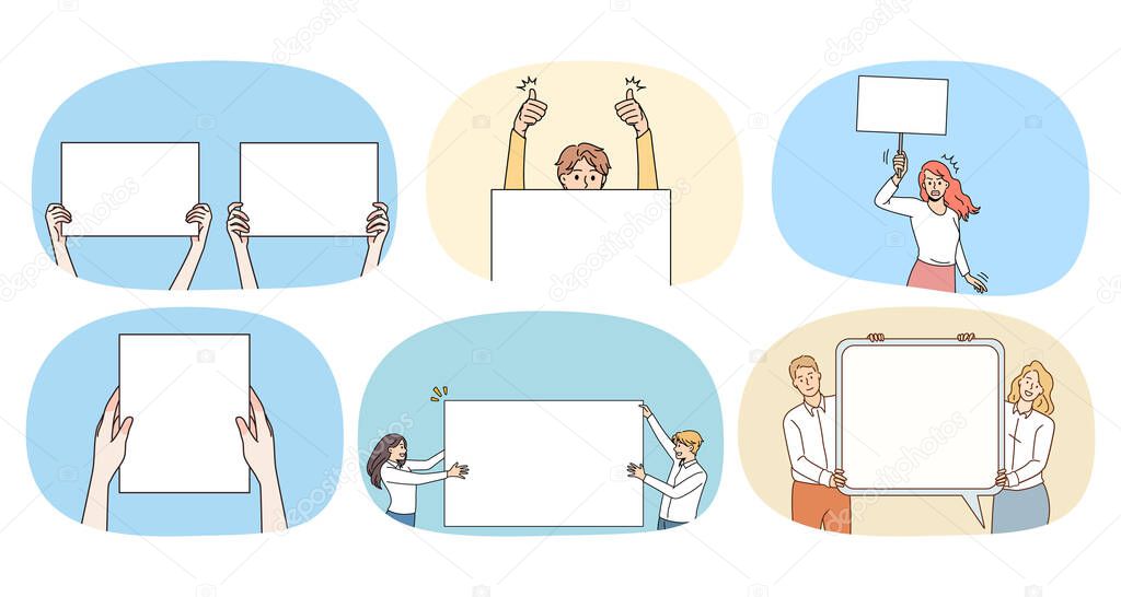 Collection of diverse people hold empty banners with copy space for advertising. Set of men and women show mockup white placards or posters for ad. Copyspace. Vector illustration. 