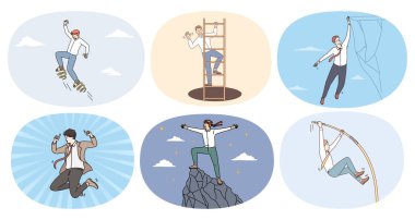 Kariyer başarısı için çabalayan motive olmuş bir çalışan ya da işçi grubu zirveye ulaşır. Kendine güvenen iş adamının amacı, başarısı ya da başarısı. Vektör illüstrasyonu. 