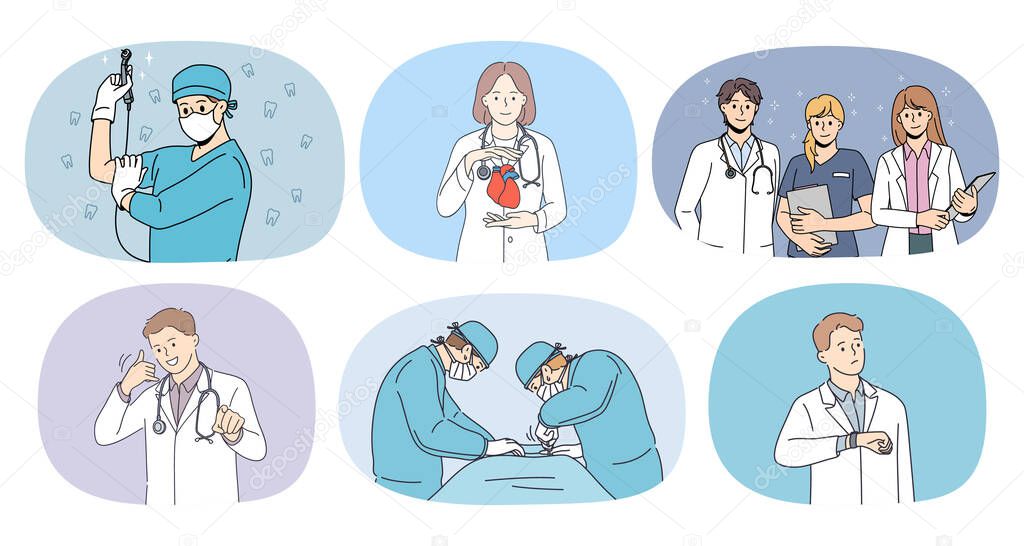 Set of team of diverse doctors help patients in hospital. Collection of medical workers or nurses give aid or assistance to people in clinic. Medicine and healthcare. Vector illustration.
