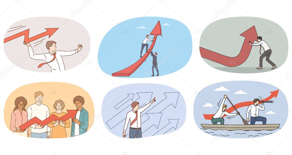 Collection of diverse businesspeople with arrows motivated for good business result or promotion. Set of employees grow economy. Goal achievement and success. Vector illustration. 