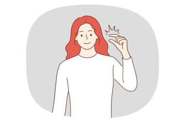 Gülümseyen genç bir kadının portresi ellerle küçük bir ölçü gösterir. Mutlu kız küçük boy ve miktarlarda jest yapar. Sözsüz iletişim. Vektör illüstrasyonu. 