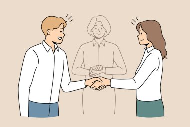 Business partners shake hands find solution with help of mediator. Happy employees or colleagues come to agreement resolve problem with impartial arbitration. Vector illustration.  clipart