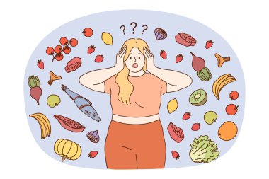 Şişman bir kadın sağlıklı ürünlerle karıştırılmış hisseder ve diyet yapar. Şişman kız sebzeli organik gıda ve yemekten bıktığını vurguladı. Kilo kaybı. Vektör illüstrasyonu. 