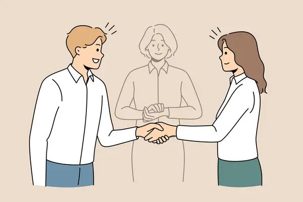 Business Partners Shake Hands Find Solution Help Mediator Happy Employees — Stock Vector