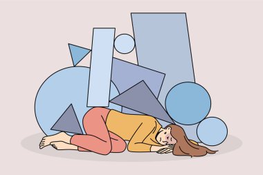 Mutsuz, stresli, hareketsiz, hayat sıkıntısı çeken genç bir kadın. Psikolojik ya da ruhsal sorunları olan üzgün bir kız. Depresyon ve stres kavramı. Vektör illüstrasyonu. 