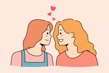 Happy girls look in eyes share love and emotions in romantic relationships. Smiling young lesbian women couple romance. LGBT and homosexual relations concept. Vector illustration. 