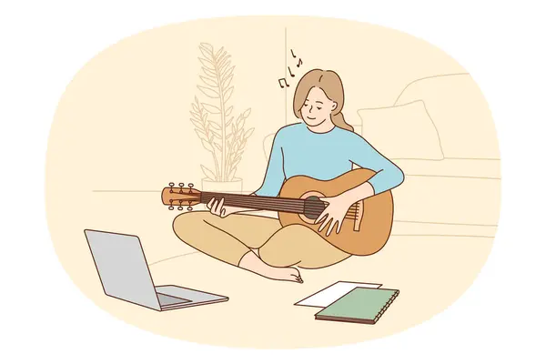 Online Music Lessons Learning Concept Smiling Girl Sitting Playing Guitar — Stock Vector