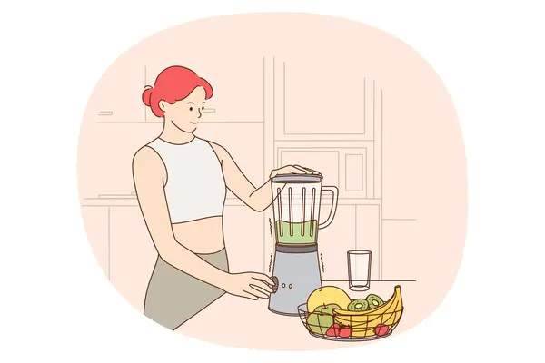 Healthy eating and lifestyle concept. Young smiling slim woman standing and making green smoothies with fresh fruits and veggies in blender in kitchen vector illustration