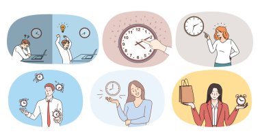 Bir dizi farklı insanın zamanla olan ilişkileri. Erkek ve kadın derlemeleri hayatta ya da iş yerinde zaman çizelgesini takip eder. Zaman yönetimi ve iyi alışkanlıklar. Düz vektör illüstrasyonu. 