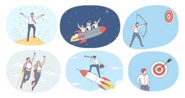 Bir grup işadamı iş hedefine ya da hedefe ulaşmak için motive olmuş hissediyor. Erkek ya da işçi koleksiyonu kariyer başarısı ya da başarı için çabalar. Motivasyon, liderlik. Vektör illüstrasyonu. 