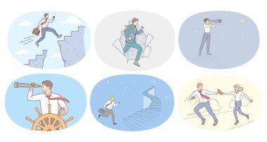 Bir grup farklı iş adamı iş hayatında başarı ya da başarı peşinde koşar. Motive olmuş çalışanların toplanması hedefe ya da hedefe ulaşır. Motivasyon konsepti. Vektör illüstrasyonu. 