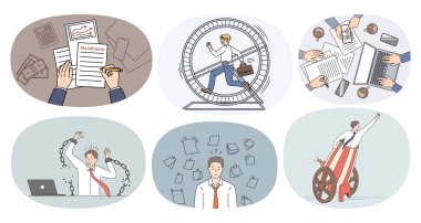 Bir grup stresli iş adamı iş yoğunluğuyla boğuşuyor. İşyerindeki işlerle uğraşan mutsuz çalışanlardan oluşan bir derleme. Aşırı yükleme ve fazla mesai. Vektör illüstrasyonu. 