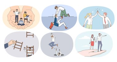 Değişik durumlardaki bir grup insan birbirlerine yardım ediyor. Meslektaşların ya da iş arkadaşlarının toplanması yardım eli uzatır. Takım çalışması ve destek. İşbirliği. Vektör illüstrasyonu. 