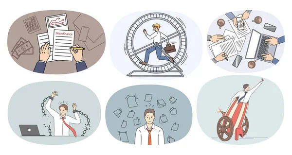 Bir grup stresli iş adamı iş yoğunluğuyla boğuşuyor. İşyerindeki işlerle uğraşan mutsuz çalışanlardan oluşan bir derleme. Aşırı yükleme ve fazla mesai. Vektör illüstrasyonu. 