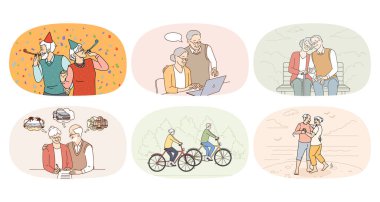 Neşeli, enerjik büyükanne ve büyükbabalar birlikte eğleniyor ve rahatlıyorlar. Mutlu yaşlı insanların toplanması aktif olgunluk ve emekliliğin tadını çıkarıyor. Yaşlılar ve emekliler. Düz vektör illüstrasyonu. 