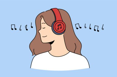 Kablosuz kulaklıklı mutlu, rahat kızın yan görüntüsü müzik dinliyor. Modern kulaklıklı, gülümseyen genç bir kadın aletin üzerinde kaliteli bir sesin tadını çıkarıyor. Teknoloji. Vektör illüstrasyonu. 