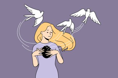 Happy young woman free birds from chest recover from depression or anxiety. Calm smiling girl overcome psychological or mental problems. Healthcare and psychotherapy. Vector illustration.  clipart