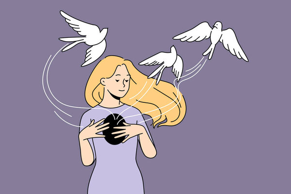 Happy young woman free birds from chest recover from depression or anxiety. Calm smiling girl overcome psychological or mental problems. Healthcare and psychotherapy. Vector illustration. 